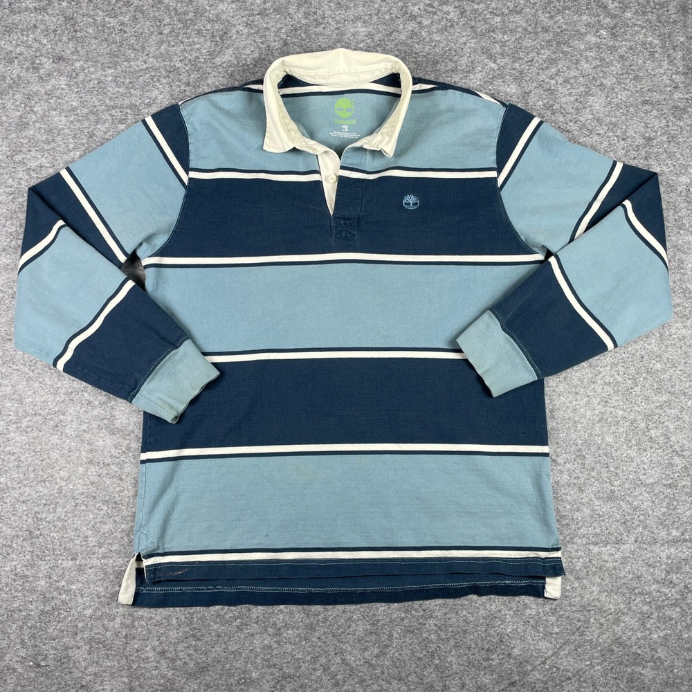 VTG Timberland Rugby Shirt Mens L Blue Striped Long Sleeve Polo Pullover 90s
